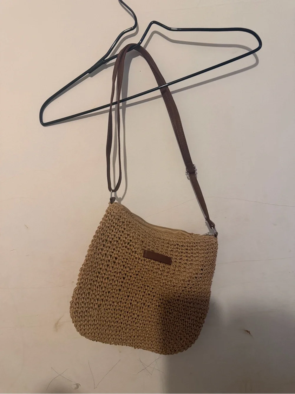 Woven Straw Crossbody Bag with Adjustable Brown Strap